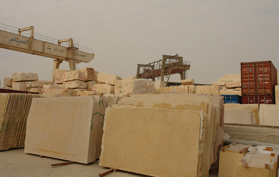 Egyptian marble containers loading area – slabs and blocks prepared for export from Cairo factory